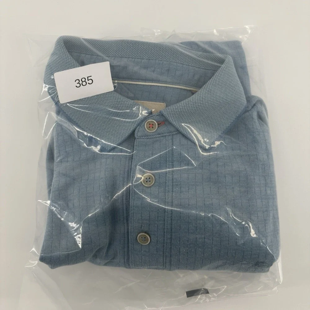 Tommy Bahama Mens Large Blue Textured Grid Modal Blend Short Sleeve Polo Shirt